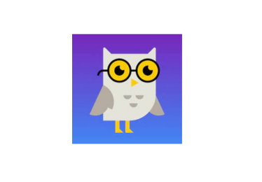 Grey owl standing with black circled frame glasses and yellow eyes.